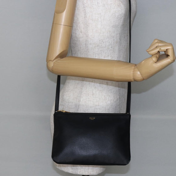 CELINE Trio Small Shoulder Bag Leather Black Gold Auth BA6727