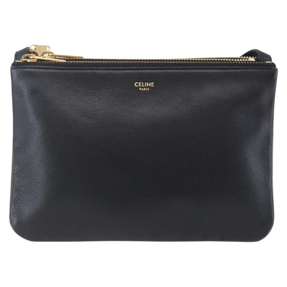 CELINE Trio Small Shoulder Bag Leather Black Gold Auth BA6727