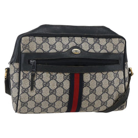 GUCCI GG Canvas Sherry Line Shoulder Bag PVC Leather Navy Red Auth BA6760