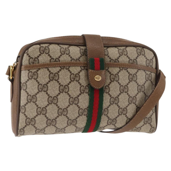 GUCCI GG Canvas Web Sherry Line Shoulder Bag PVC Leather Beige Green Auth BA6764