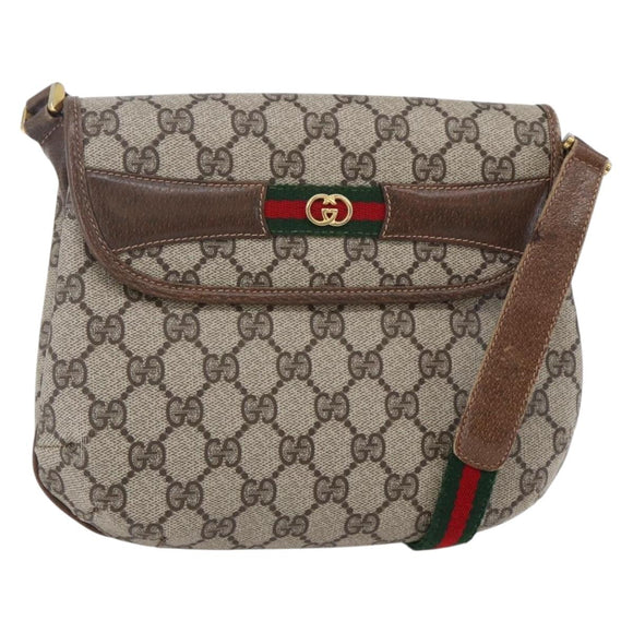 GUCCI GG Canvas Web Sherry Line Shoulder Bag PVC Leather Beige Green Auth BA6766