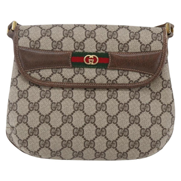 GUCCI GG Canvas Web Sherry Line Shoulder Bag PVC Leather Beige Green Auth BA6766