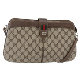 GUCCI GG Canvas Web Sherry Line Shoulder Bag PVC Leather Beige Green Auth BA6767