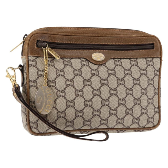 GUCCI GG PLUS Canvas Clutch Bag PVC Leather Beige Auth BA6769