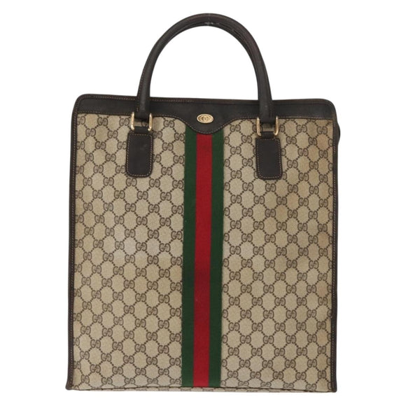 GUCCI GG Supreme Web Sherry Line Hand Bag PVC Beige Gold Auth BA6782