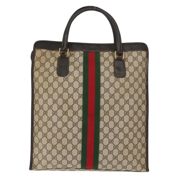 GUCCI GG Supreme Web Sherry Line Hand Bag PVC Beige Gold Auth BA6782