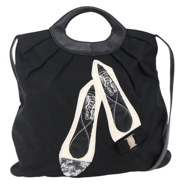 Salvatore Ferragamo Vala Hand Bag Nylon Leather 2way Black Silver Auth BA6809