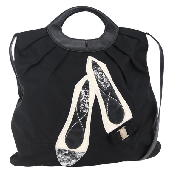 Salvatore Ferragamo Vala Hand Bag Nylon Leather 2way Black Silver Auth BA6809