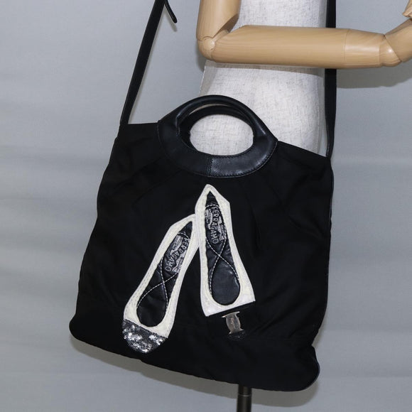 Salvatore Ferragamo Vala Hand Bag Nylon Leather 2way Black Silver Auth BA6809