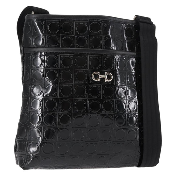 Salvatore Ferragamo Gancini Shoulder Bag Enamel Black Auth BA6810