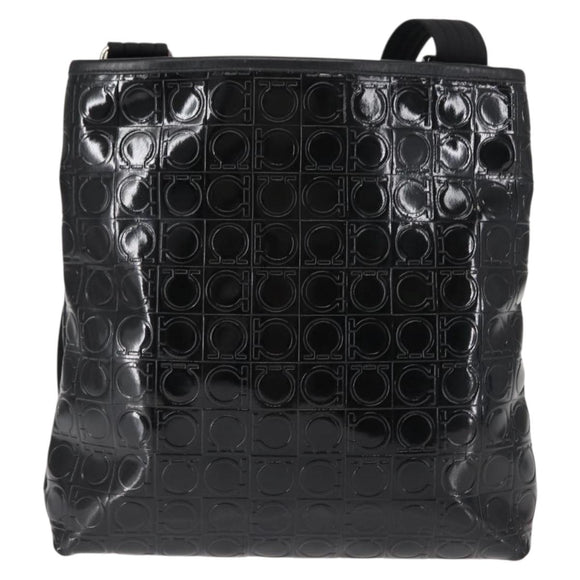 Salvatore Ferragamo Gancini Shoulder Bag Enamel Black Auth BA6810