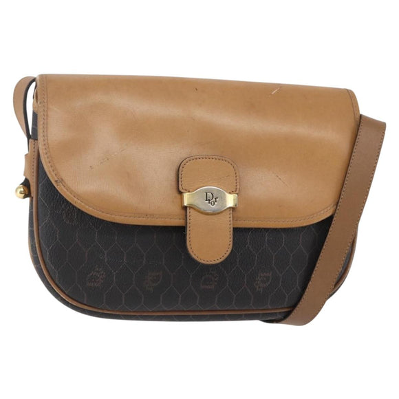 Christian Dior Honeycomb Canvas Shoulder Bag PVC Leather Black Auth BA6820