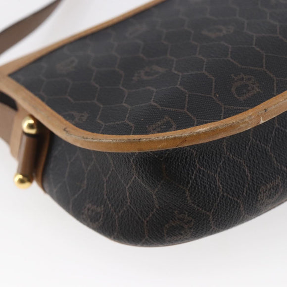 Christian Dior Honeycomb Canvas Shoulder Bag PVC Leather Black Auth BA6820