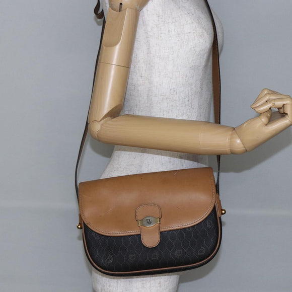 Christian Dior Honeycomb Canvas Shoulder Bag PVC Leather Black Auth BA6820