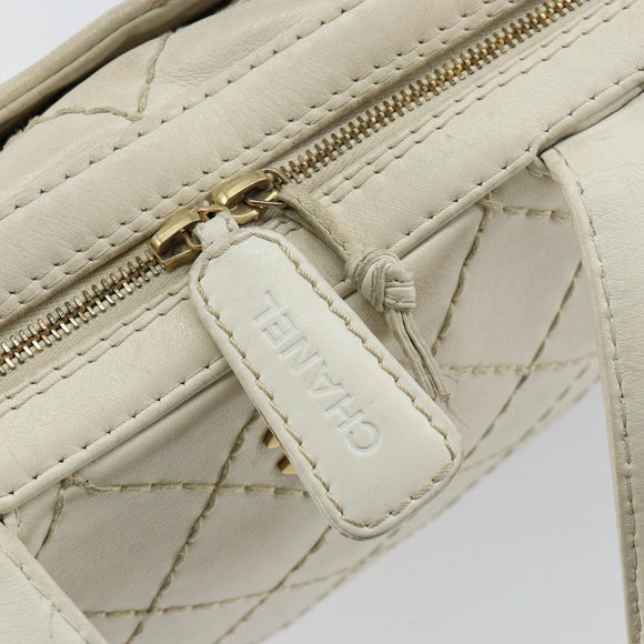 CHANEL Wild Stitch Hand Bag Leather White Gold CC Auth BA6858