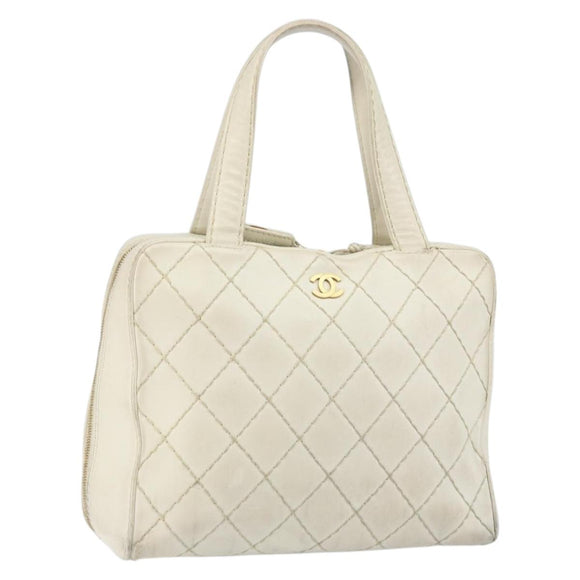 CHANEL Wild Stitch Hand Bag Leather White Gold CC Auth BA6858