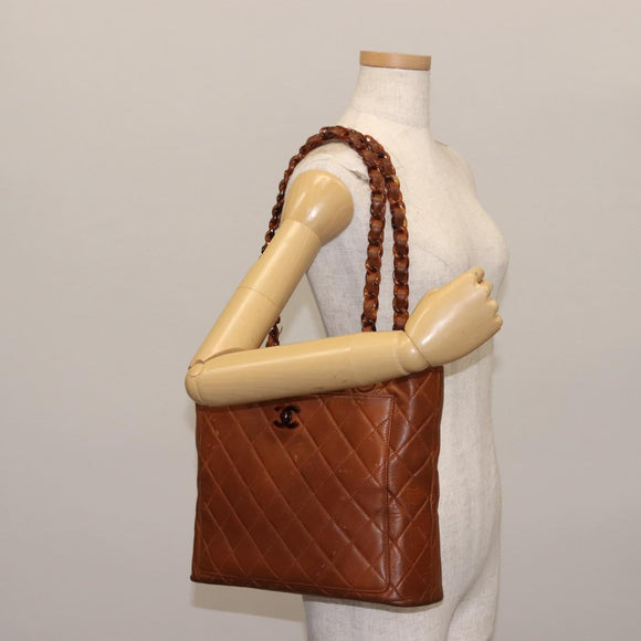 CHANEL Matelasse Chain Shoulder Bag Lamb Skin Brown Gold CC Auth BA6859