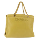 CHANEL Chain Hand Bag Caviar Skin Yellow Gold CC Auth BA6862-1