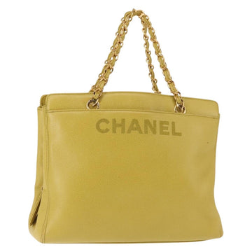 CHANEL Chain Hand Bag Caviar Skin Yellow Gold CC Auth BA6862