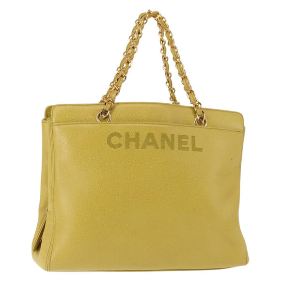 CHANEL Chain Hand Bag Caviar Skin Yellow Gold CC Auth BA6862