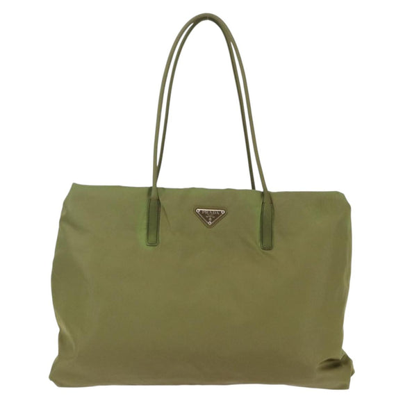 PRADA Tote Bag Nylon Khaki Silver Auth BA6878