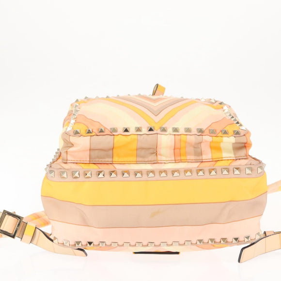 VALENTINO Studs Backpack Nylon Leather Beige Orange Auth BA6887