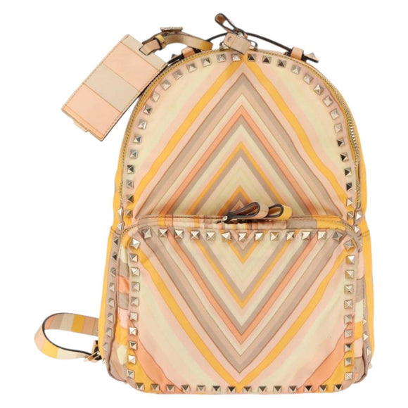 VALENTINO Studs Backpack Nylon Leather Beige Orange Auth BA6887