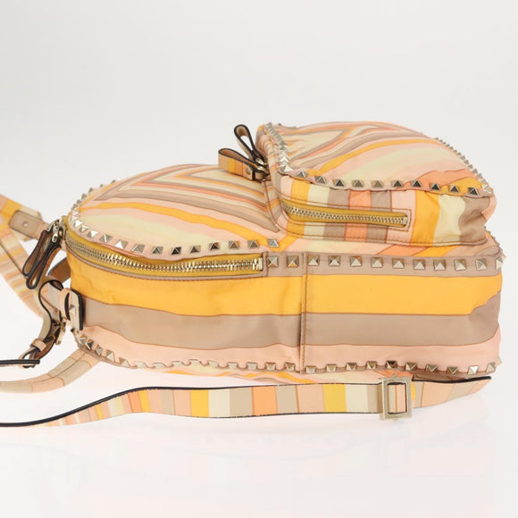VALENTINO Studs Backpack Nylon Leather Beige Orange Auth BA6887