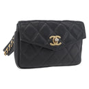 CHANEL Matelasse Waist Bag Lamb Skin Black Gold CC Auth BA6907-1