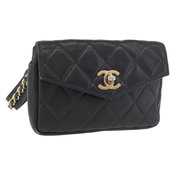CHANEL Matelasse Waist Bag Lamb Skin Black Gold CC Auth BA6907