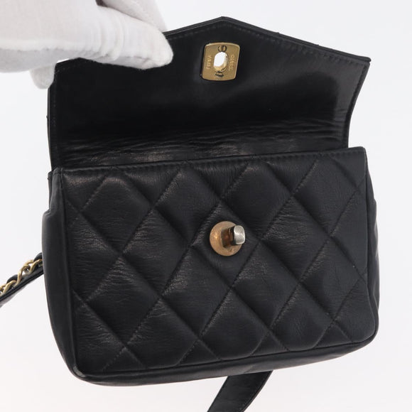 CHANEL Matelasse Waist Bag Lamb Skin Black Gold CC Auth BA6907