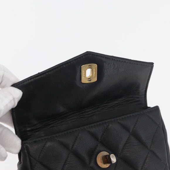 CHANEL Matelasse Waist Bag Lamb Skin Black Gold CC Auth BA6907
