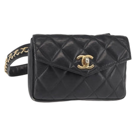CHANEL Matelasse Waist Bag Lamb Skin Black Gold CC Auth BA6907