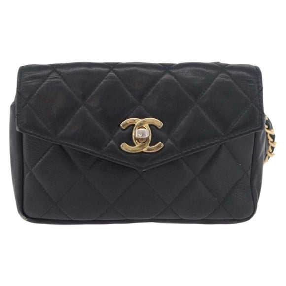 CHANEL Matelasse Waist Bag Lamb Skin Black Gold CC Auth BA6907
