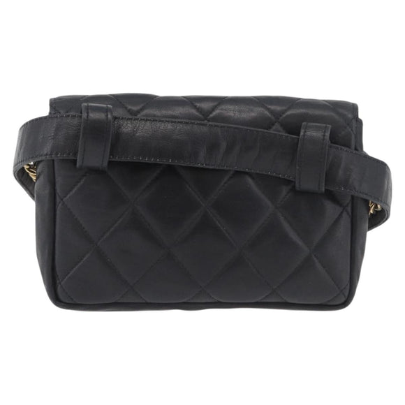 CHANEL Matelasse Waist Bag Lamb Skin Black Gold CC Auth BA6907