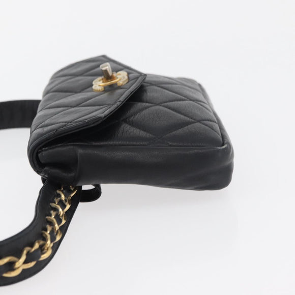 CHANEL Matelasse Waist Bag Lamb Skin Black Gold CC Auth BA6907