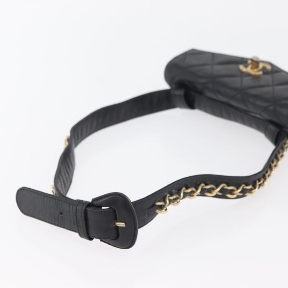 CHANEL Matelasse Waist Bag Lamb Skin Black Gold CC Auth BA6907
