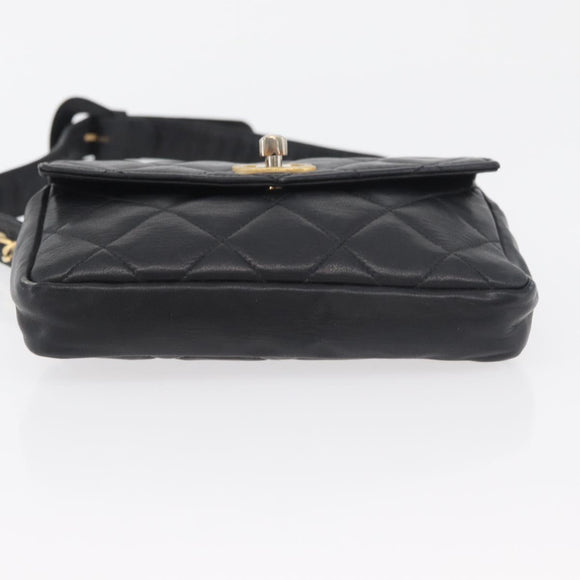 CHANEL Matelasse Waist Bag Lamb Skin Black Gold CC Auth BA6907