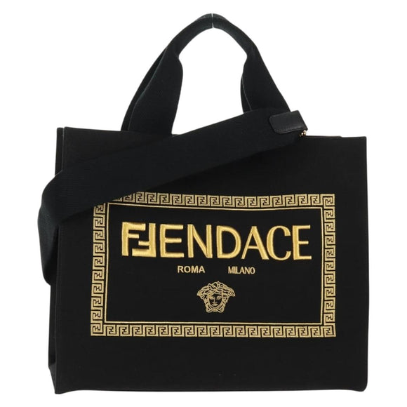 FENDI VERSACE Collaboration Tote Bag Canvas 2way Black Gold Auth BA6912A