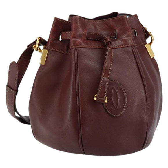 CARTIER Must Line Shoulder Bag Leather Bordeaux Gold Auth BA7014