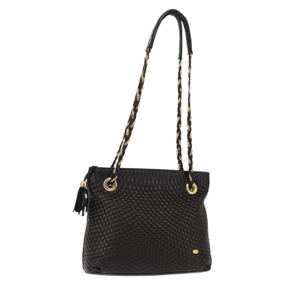 BALLY Chain Tote Bag Leather Black Gold Auth BA7022