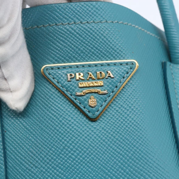 PRADA Hand Bag Leather 2way Turquoise Blue Gold Auth BA7027