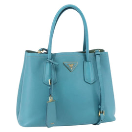 PRADA Hand Bag Leather 2way Turquoise Blue Gold Auth BA7027