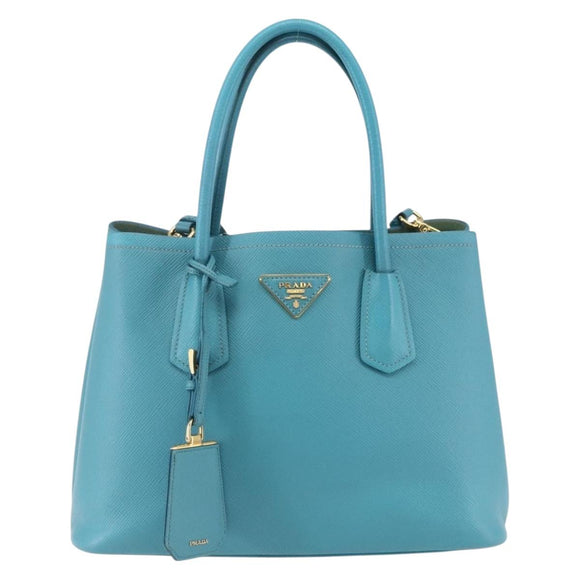 PRADA Hand Bag Leather 2way Turquoise Blue Gold Auth BA7027