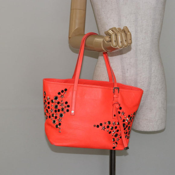Jimmy Choo Studs Tote Bag Leather Orange Silver Auth BA7037