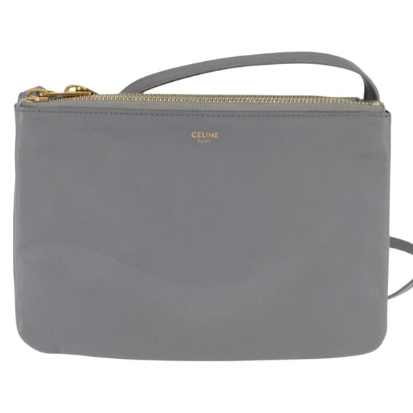 CELINE Trios Mall Shoulder Bag Leather Gray Gold Auth BA7046