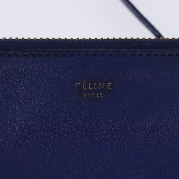 CELINE Trio large Shoulder Bag Leather Blue Gold Auth BA7048