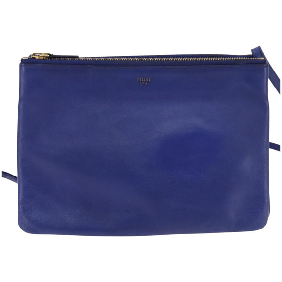 CELINE Trio large Shoulder Bag Leather Blue Gold Auth BA7048