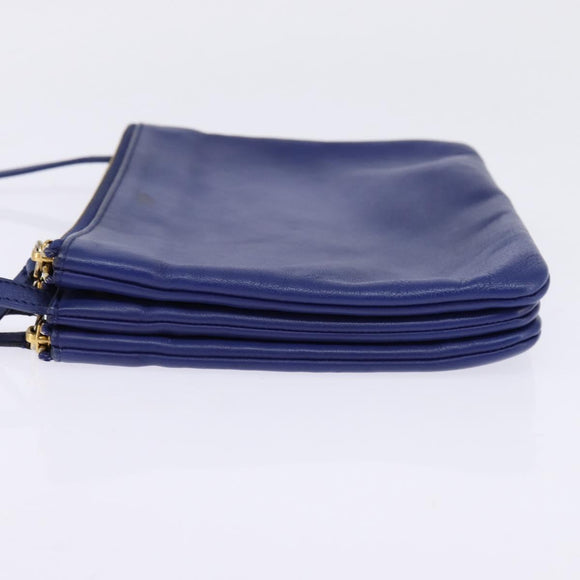 CELINE Trio large Shoulder Bag Leather Blue Gold Auth BA7048