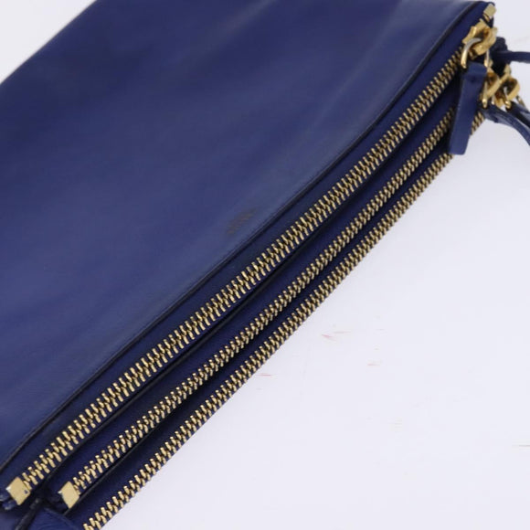 CELINE Trio large Shoulder Bag Leather Blue Gold Auth BA7048